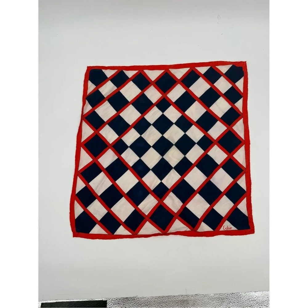 Echo Vintage Red Navy Square Scarf Retro Neck Hair Scarf Accessory Checker